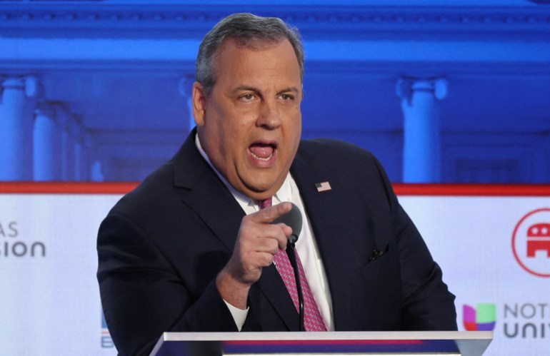 Former New Jersey Governor Chris Christie directly addresses former U.S. President and current presidential candidate Donald Trump through the television camera during the second Republican candidates' debate of the 2024 U.S. presidential campaign at the Ronald Reagan Presidential Library in Simi Valley, California, U.S. September 27, 2023. REUTERS/Mike Blake TPX IMAGES OF THE DAY