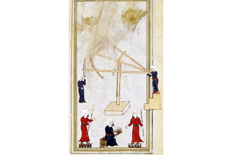 ***للاستخدام الداخلي فقط**** المصدر: Alat-i Rasadiya li Zij-i Shahinshahiya Sextant TakiyüddinRasid TopkapiPalaceMuseum An illustration depicts Taqi al-Din's sextant in his observatory in Istanbul Sextants were used for measuring the altitude of heavenly bodies, thus allowing celestial globes to be mapped. A famous observatory built in the 1420s by the astronomer Ulugh Beg in Uzbekistan had a sextant set into a trench more than three storeys deep to protect it from earthquakes. Details Title: An illustration depicts Taqi al-Din's sextant in his observatory in Istanbul