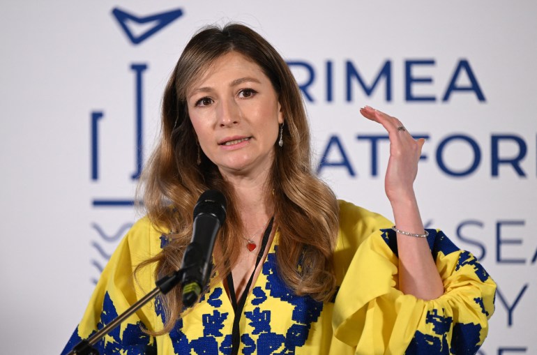 Ukrainian Deputy Foreign Minister Emine Dzhaparova adresses the Black Sea Security Conference under the auspices of Crimea International Platform in Bucharest, Romania on April 13, 2023. (Photo by Daniel MIHAILESCU / AFP)