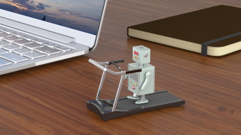 Roboter auf Laufband, 3d rendering, Büro, Fitness, Work-Life Balance, Lebensstil, gesund, künstliche Intelligenz, groß, klein, Gegensatz