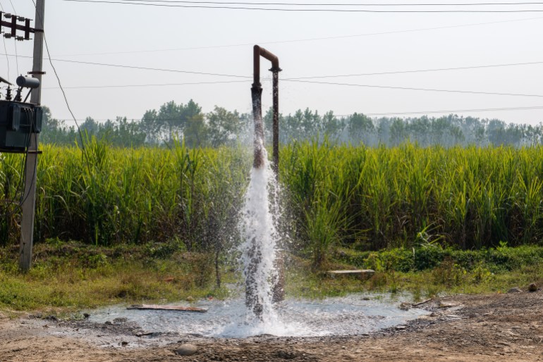 Roorkee, uttarakhand, india-Nov 7 2021: tubewell water falling from pipe along with sugarcane farm land in Roorkee rural, Irrigation through using ground water pump in the farm