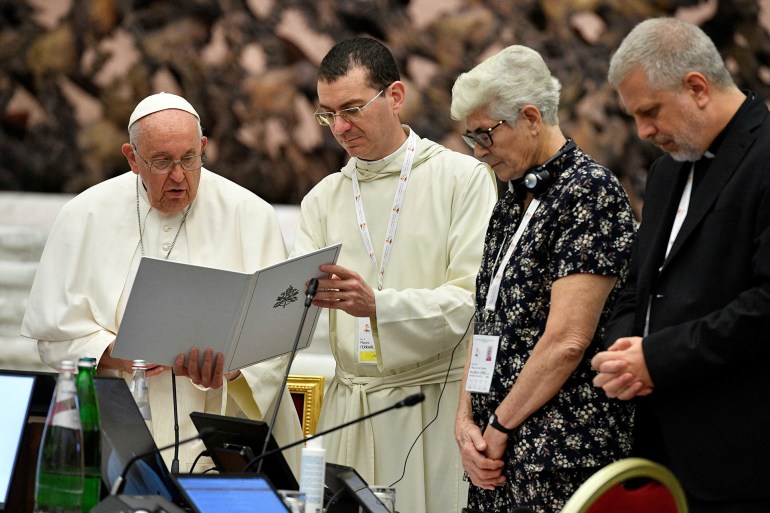 Pope Francis attends the Synod of Bishops at the Vatican, October 13, 2023. Vatican Media/­Handout via REUTERS ATTENTION EDITORS - THIS IMAGE WAS PROVIDED BY A THIRD PARTY.