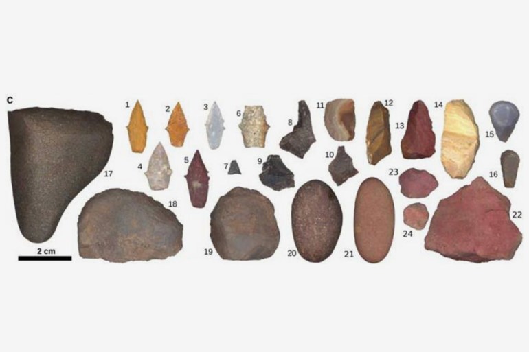 CAPTION This illustration from the study shows tools recovered from the burial pit floor including projectile points (1 to 7), unmodified flakes (8 to 10), retouched flakes (11 to 13), a possible backed knife (14), thumbnail scrapers (15 and 16), scrapers/choppers (17 to 19), burnishing stones (17, 20, and 21), and red ocher nodules (22 to 24). CREDIT Randy Haas/UC Davis USAGE RESTRICTIONS None LICENSE Licensed content