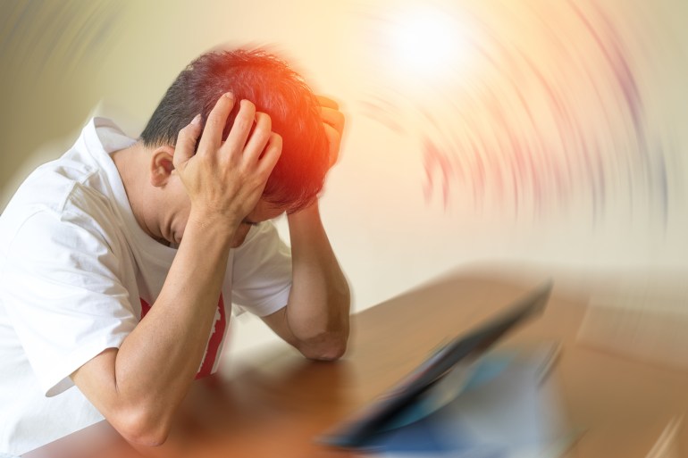 Brain diseases problem cause chronic severe headache migraine. Male adult look tired and stressed out depressed, having mental problem trouble, medical concept; Shutterstock ID 1901190304; purchase_order:لا; job:; client:; other: