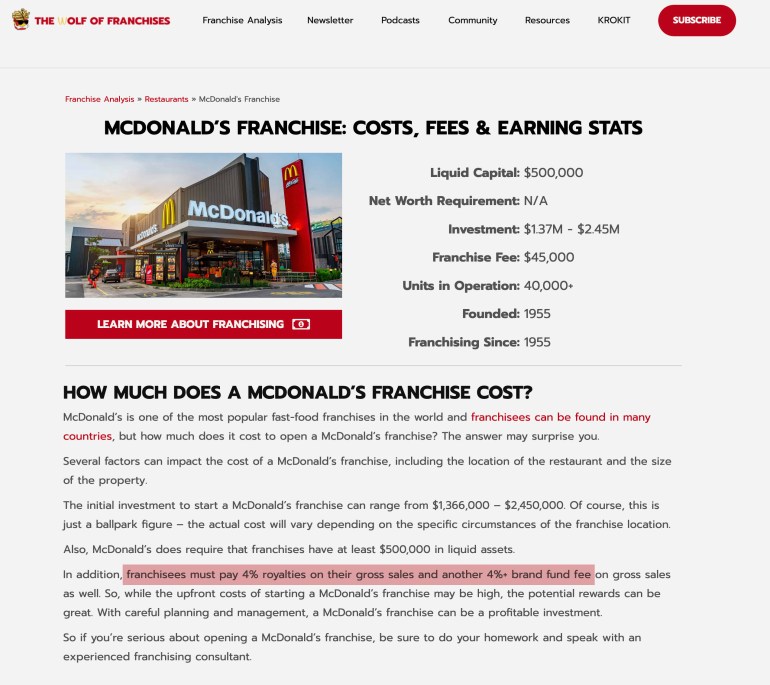 MCDONALD’S FRANCHISE: COSTS, FEES & EARNING STATS