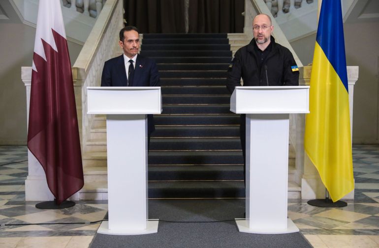 Ukraine's Prime Minister Denys Shmyhal and Qatar's Prime Minister Sheikh Mohammed bin Abdulrahman bin Jassim Al Thani hold a press conference in Kyiv, Ukraine, July 28, 2023. (Photo credit: Ukrinform/NurPhoto via Getty Images)