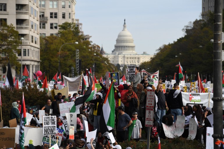 Demonstrators rally in support of Palestinians in Washington, DC, on November 4, 2023. - Thousands of people, both Israeli and Palestinians, have died since October 7, 2023, after Palestinian Hamas militants based in the Gaza Strip, entered southern Israel in a surprise attack leading Israel to declare war on Hamas in Gaza the following day. (Photo by OLIVIER DOULIERY / AFP)