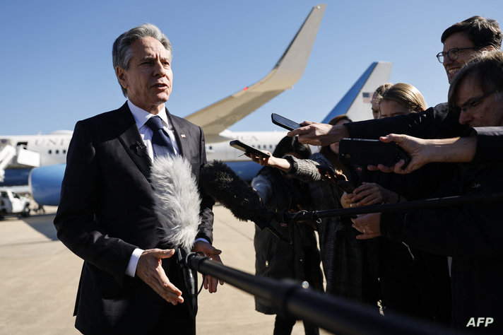 US Secretary of State Antony Blinken talks to reporters prior to boarding his aircraft at Joint Base Andrews in Maryland, on…