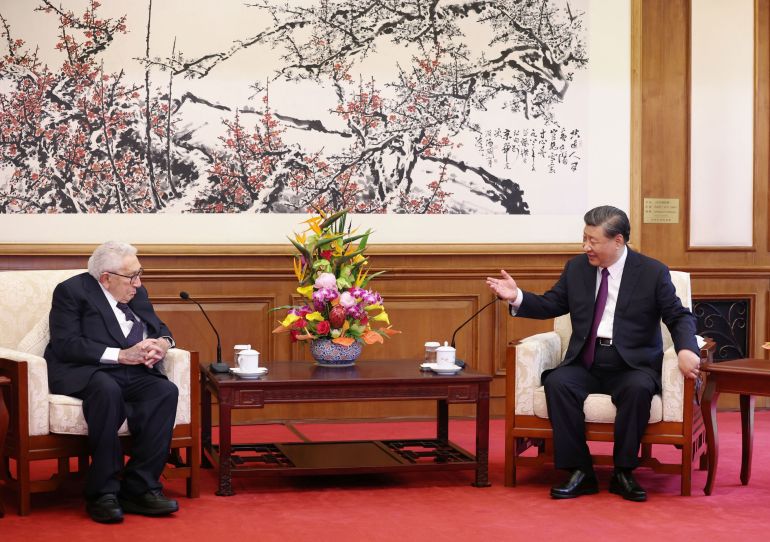 Chinese President Xi Jinping and Henry Kissinger, former U.S. secretary of state, attend a meeting at the Diaoyutai State Guesthouse in Beijing, China July 20, 2023. China Daily via REUTERS ATTENTION EDITORS - THIS IMAGE WAS PROVIDED BY A THIRD PARTY. CHINA OUT.