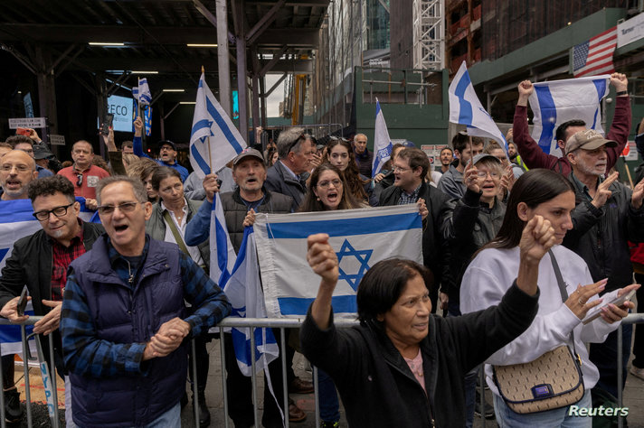 FILE PHOTO: Pro-Israel demonstrators protest in Times Square on the second day of the ongoing conflict between Israel and the Palestinian militant group Hamas, in Manhattan in New York City