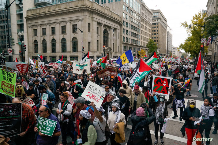 Demonstrators protest in support of Palestinians amid the ongoing conflict between Israel and Hamas, in Washington