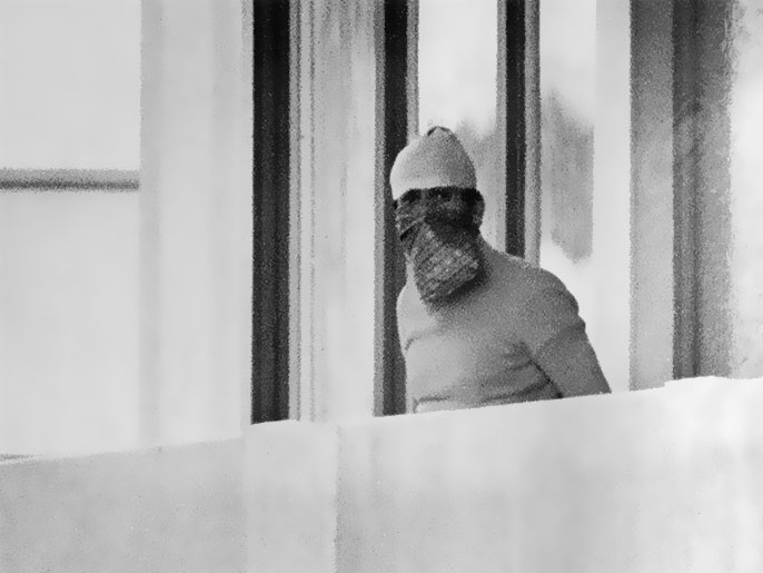 A Arab guerilla member appears on the balcony of the Israeli house, 05 September 1972 at the Munich Olympic village. Arabs guerilla occupied the building in a surprise raid, killing two Israelis and keeping nine others as hostages.