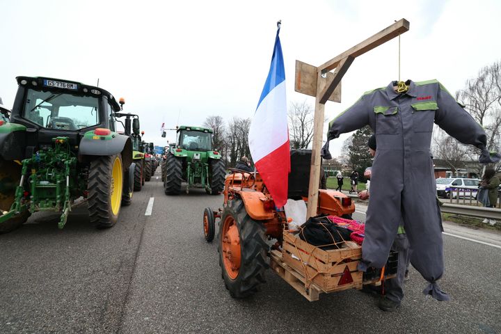 عارضة أزياء معلقة خلال احتجاج دعت إليه الفروع المحلية لاتحادات المزارعين الكبرى FNSEA وJunes Agriculteurs، حيث أغلقت الطريق السريع A35 بالجرارات بالقرب من ستراسبورغ في 30 يناير.