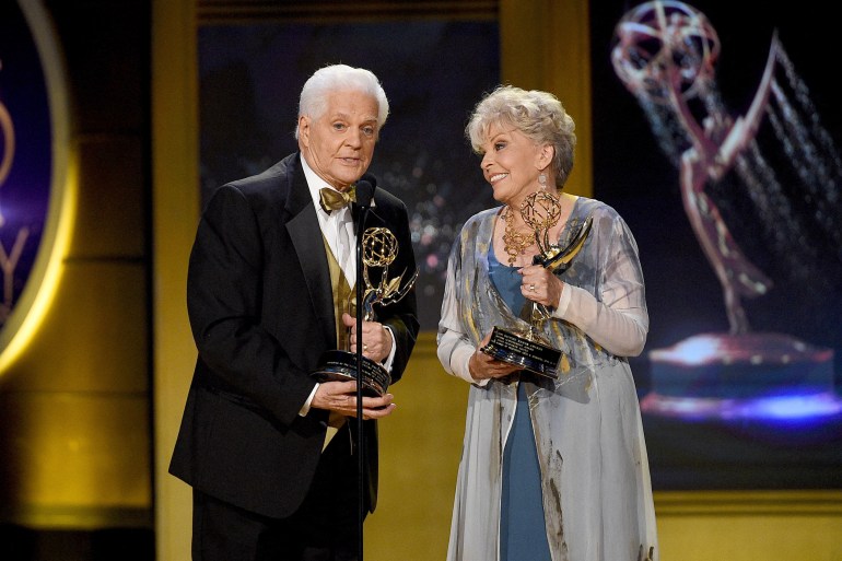 PASADENA, CA - APRIL 29: Honorees Bill Hayes (L) and Susan Seaforth Hayes accept the Lifetime Achievement Award onstage during the 45th annual Daytime Emmy Awards at Pasadena Civic Auditorium on April 29, 2018 in Pasadena, California. Kevork Djansezian/Getty Images/AFP (Photo by KEVORK DJANSEZIAN / GETTY IMAGES NORTH AMERICA / Getty Images via AFP)