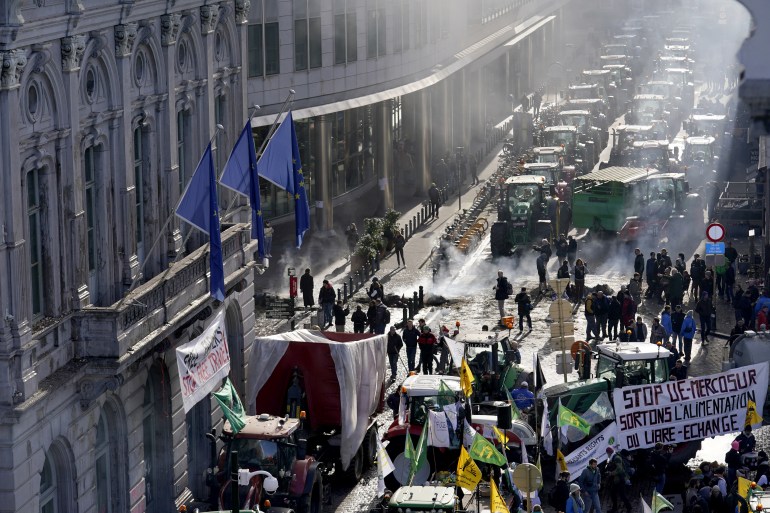 BRUSSELS, BELGIUM - FEBRUARY 01: A view of Place du Luxembourg during Belgian Farmers' Protest on February 01, 2024 in Brussels, Belgium. Farmers and agricultural workers protested in several parts of Belgium through road blocks, similar to their European counterparts where farmers protest against their governments for declining income, over regulation and unfair and unequal competition from other countries. The European Commission has launched a "strategic dialogue" with the sector in crisis in an attempt to put an end to the increasingly marked opposition between agriculture and environmental regulations. (Photo by Pier Marco Tacca/Getty Images)