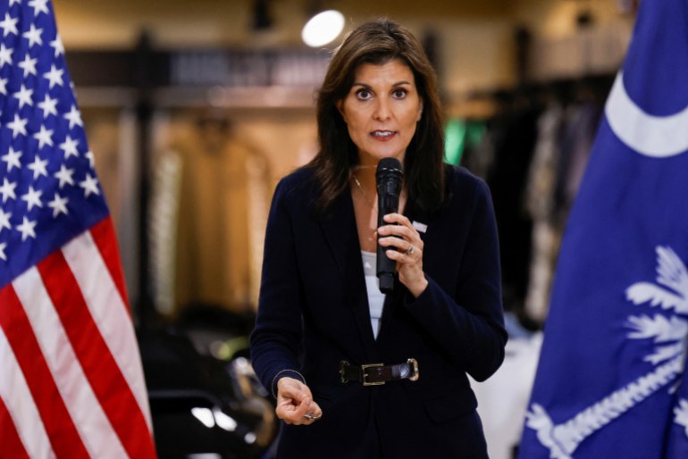 U.S. Republican presidential candidate and former U.S. Ambassador to the United Nations Nikki Haley speaks at a campaign stop in Elgin, South Carolina, U.S., February 12, 2024. REUTERS/Julia Nikhinson