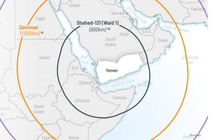 المدى الذي يمكن أن تصله له الطائرات المسيرة الإيرانية التي يطلقها الحوثيون بحسب تقرير وكالة الاستخبارات الدفاعية الأميركية 