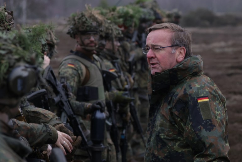 MOECKERN, GERMANY - JANUARY 26: New German Defence Minister Boris Pistorius addresses troops of Panzergrenadierbataillon 122, a mechanized infantry unit of the Bundeswehr, the German armed forces, during a visit at Altengrabow on January 26, 2023 near Moeckern, Germany. Germany has given the green light to supplying Ukraine with heavy tanks. (Photo by Sean Gallup/Getty Images)