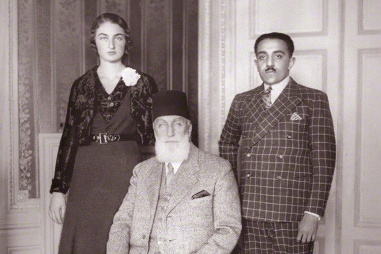 Princess Durrushehvar, Princess of Berar; former Caliph Abdulmejid II (şehzade of the Ottoman Empire) and Nawab Azam Jah, Prince of Berar. صورة للخليفة الأخير عبد المجيد الثاني من الأسرة العثمانية المصدر: Credit: Library of Congress