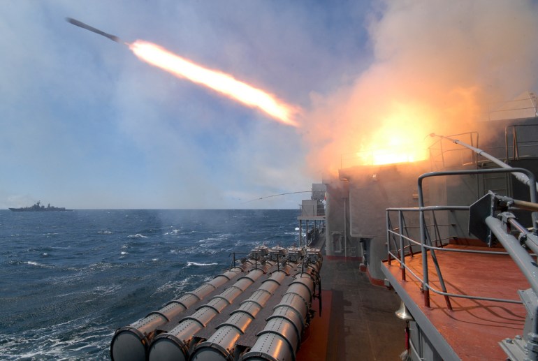 An anti-submarine missile blasts off from the Russian warship "Marshal Shaposhnikov" during a Russian-Indian military drill in the Sea of Japan