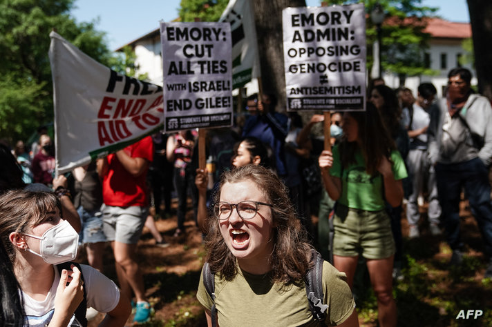 Students chant during a pro-Palestinian protest against the war in Gaza at Emory University on April 25, 2024, in Atlanta,…