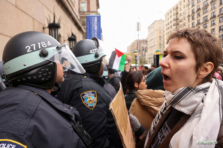 Demonstrators protest in solidarity with Pro-Palestinian organizers on the Columbia University campus, in New York City