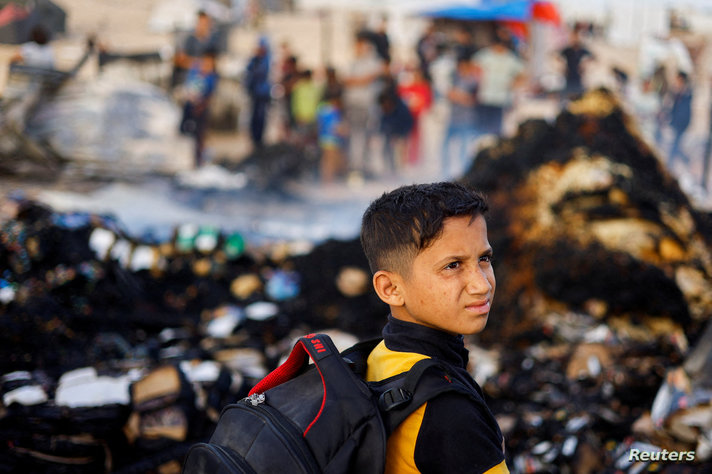 Aftermath of an Israeli strike on an area designated for displaced people, in Rafah in the southern Gaza Strip