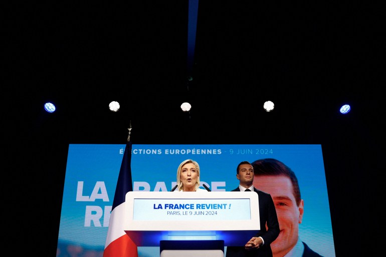 FILE PHOTO: French Jordan Bardella, President of the French far-right National Rally (Rassemblement National - RN) party and head of the RN list for the European elections, and Marine Le Pen, President of the French far-right National Rally party parliamentary group, address party members after the polls closed during the European Parliament elections, in Paris, France, June 9, 2024. REUTERS/Sarah Meyssonnier/File Photo