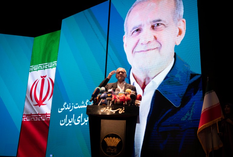 Former Iranian reformist member of parliament and Iran's early presidential elections candidate, Masoud Pezeshkian, is speaking for his supporters during an electoral campaign rally at the Milad Tower concert hall in downtown Tehran, Iran, on June 19, 2024. Iranian people are casting their ballots to select Iran's new President on June 28th, as late president Ebrahim Raisi died in a helicopter crash two years before the end of his presidency. (Photo by Morteza Nikoubazl/NurPhoto via Getty Images)