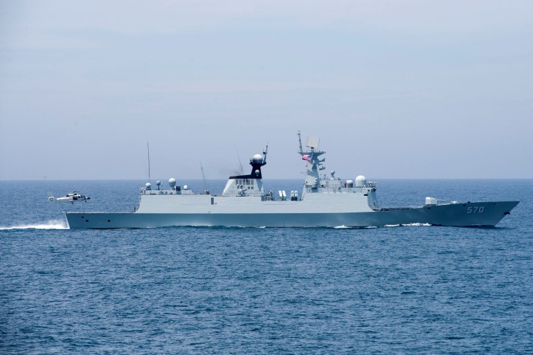 A Chinese naval Z-9 helicopter prepares to land aboard the PeopleÕs Liberation Army (Navy) frigate CNS Huangshan (FFG-570) as the ship conducts a series of maneuvers and exchanges with the Arleigh Burke-class guided-missile destroyer USS Sterett (DDG 104) in the South China Sea June 16, 2017. Picture taken June 16, 2017. To match Special Report CHINA-ARMY/NUCLEAR U.S. Navy photo by Mass Communication Specialist 1st Class Byron C. Linder/Handout via REUTERS ATTENTION EDITORS - THIS IMAGE HAS BEEN SUPPLIED BY A THIRD PARTY.