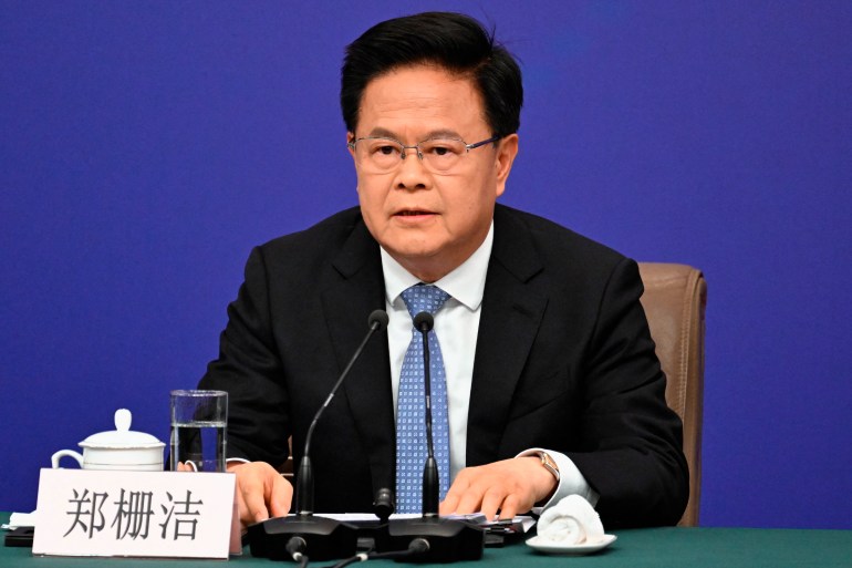 Zheng Shanjie, Chairman of the National Development and Reform Commission of China, answers a question at a press conference during the second session of the 14th National People's Congress (NPC) in Beijing on March 6, 2024. (Photo by WANG Zhao / AFP)