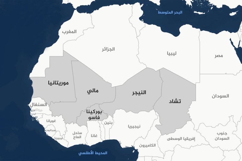 خريطة دول الساحل وتجارة المخدرات الأساسي: موريتانيا ومالي وبوركينافاسو والنيجر وتشاد