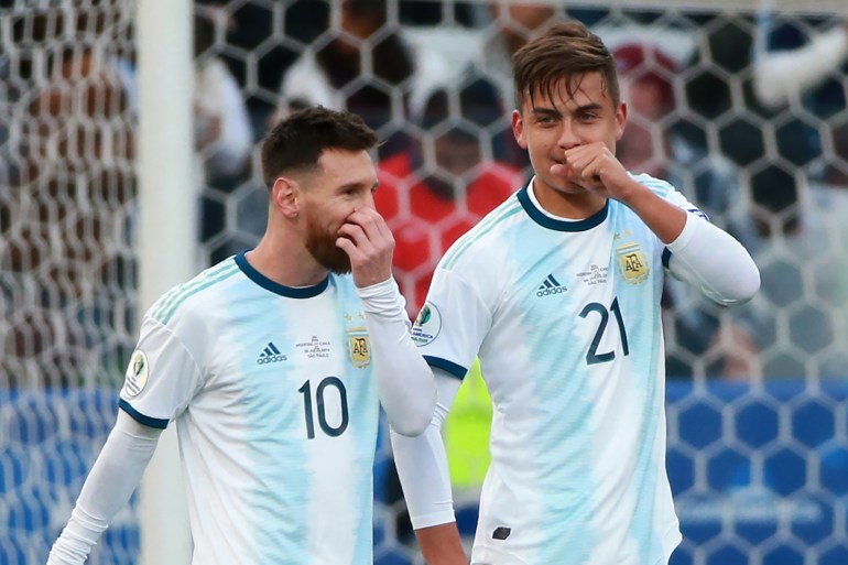 SAO PAULO, BRAZIL - JULY 06: Paulo Dybala of Argentina celebrates after scoring the second goal of his team with teammate Lionel Messi during the Copa America Brazil 2019 Third Place match between Argentina and Chile at Arena Corinthians on July 06, 2019 in Sao Paulo, Brazil. (Photo by Alessandra Cabral/Getty Images)