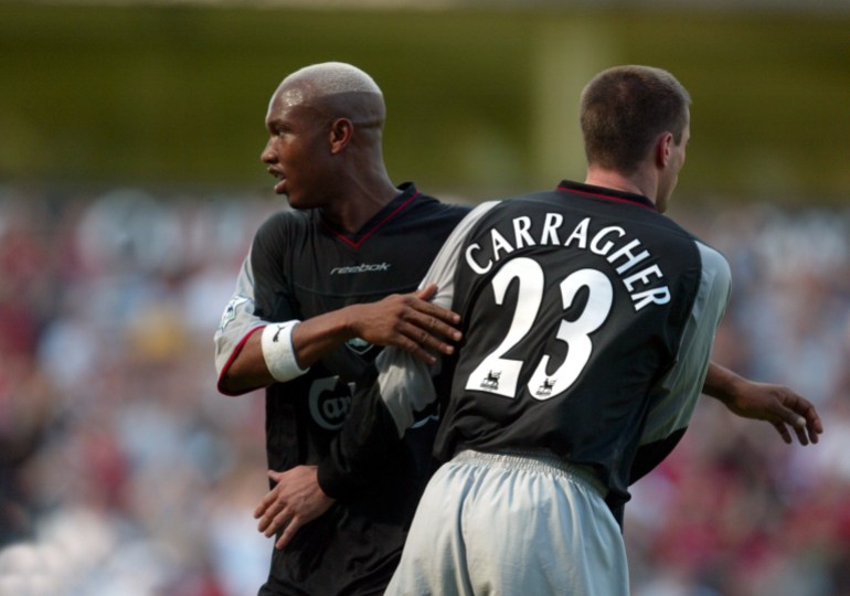 Liverpool's Jamie Carragher comes on for El Hadji Diouf towards the end of the match Football - FA Barclaycard Premiership - Aston Villa v Liverpool - 18/8/02 Liverpool's Jamie Carragher comes on for El Hadji Diouf towards the end of the match Mandatory Credit:Action Images / Michael Regan