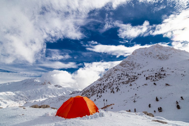 Magnificent winter view of the Taurus Mountains, snow-covered peaks in the from the village Saklikent of Antalya. Camp tent with the view of Saklikent Ski Centre in winter; Shutterstock ID 1616222290; purchase_order: aj; job: ; client: ; other: