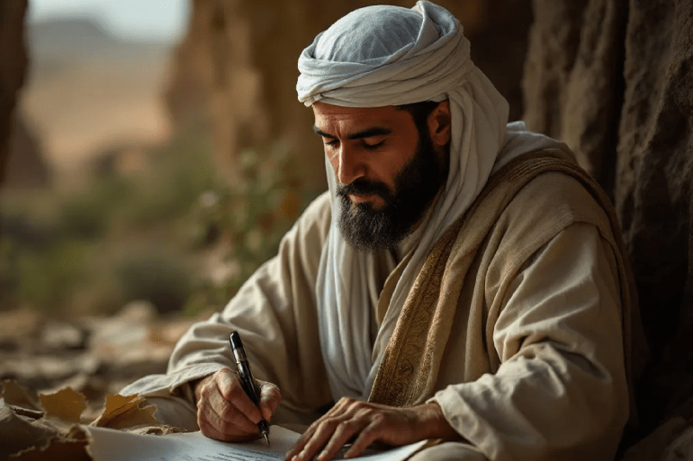 An Arab man sitting in a quiet place, holding a pen in his hand with a piece of paper in front of him. His face shows deep concentration as he writes poetry on the paper, reflecting on its meaning. In the background, there’s a natural landscape or a desert scene, symbolizing the roots of Arabic poetry and its connection to heritage. Scattered around him are some torn, old pieces of paper, reflecting the ongoing process of creativity and experimentation.