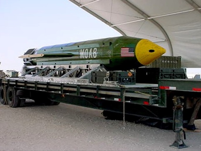 The GBU-43/B Massive Ordnance Air Blast (MOAB) bomb is pictured in this undated handout photo. Elgin Air Force Base/Handout via REUTERS ATTENTION EDITORS - THIS IMAGE WAS PROVIDED BY A THIRD PARTY. EDITORIAL USE ONLY.