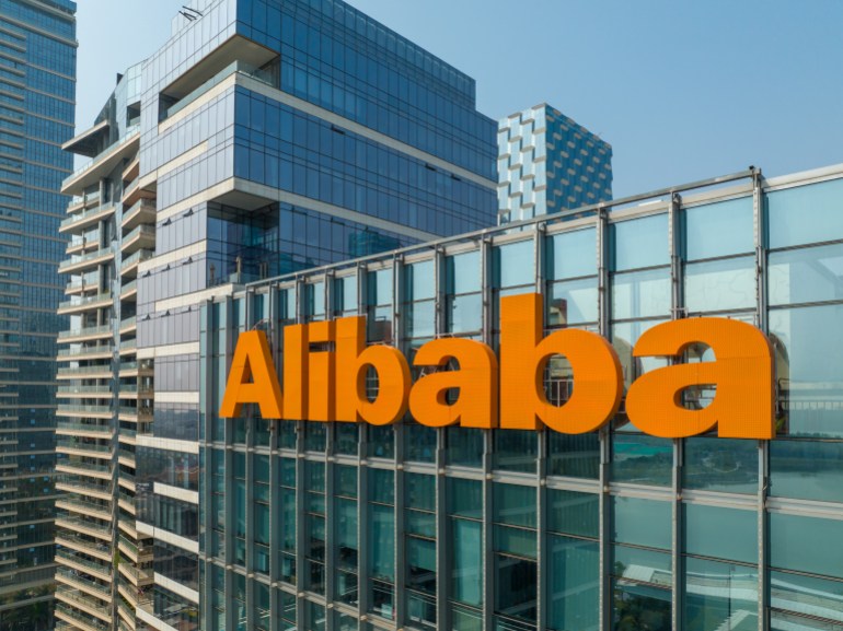 Shenzhen, Guangdong, China - March 5 2022: The Alibaba company logo on its main office buildings in downtown.