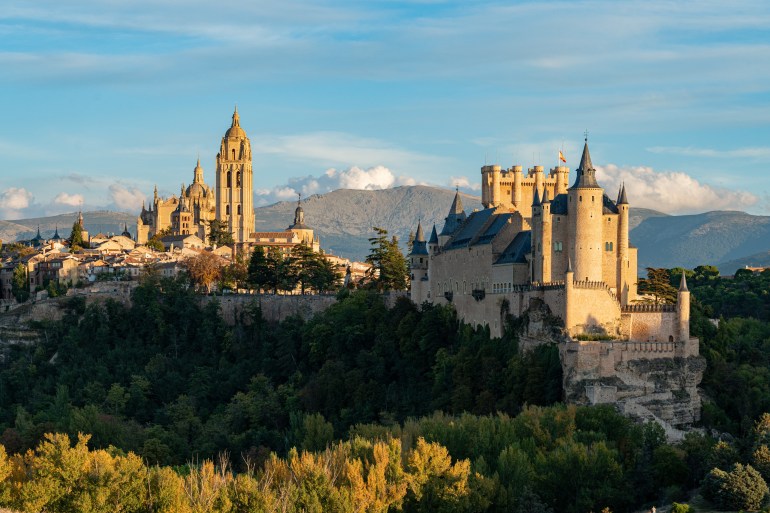 Alcázar of Segovia, a medieval castle built on a rocky crag in Castile and León, Spain