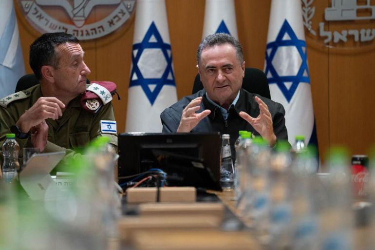 Defense Minister Israel Katz (right) meets with IDF Chief of Staff Lt. Gen. Herzi Halevi (left) and members of the General Staff Forum at the Defense Ministry, November 11, 2024. (Ariel Hermoni/ Defense Ministry)