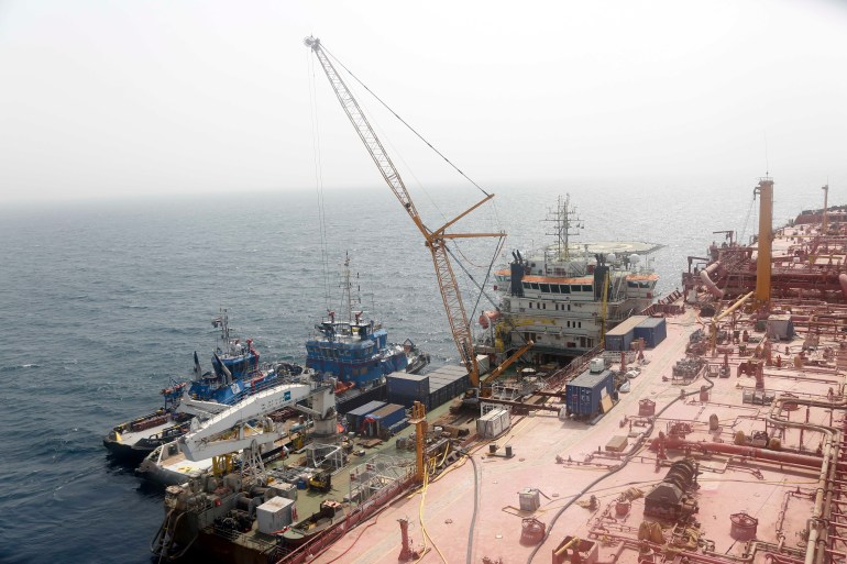 Al HUDAYDAH, YEMEN - JUNE 12: The FSO Safer is docked at the Ras Issa port in the Red Sea on June 12, 2023 in Hudaydah, Yemen. The United Nations Development Programme (UNDP) announced that insurance has been secured for the transfer of oil from the decaying tanker. With insurance secured, a UN engineering team prepare the floating storage and offloading (FSO) vessel for the removal of over 1 million barrels of oil while avoiding an environmental catastrophe. (Photo by Mohammed Hamoud/Getty Images)